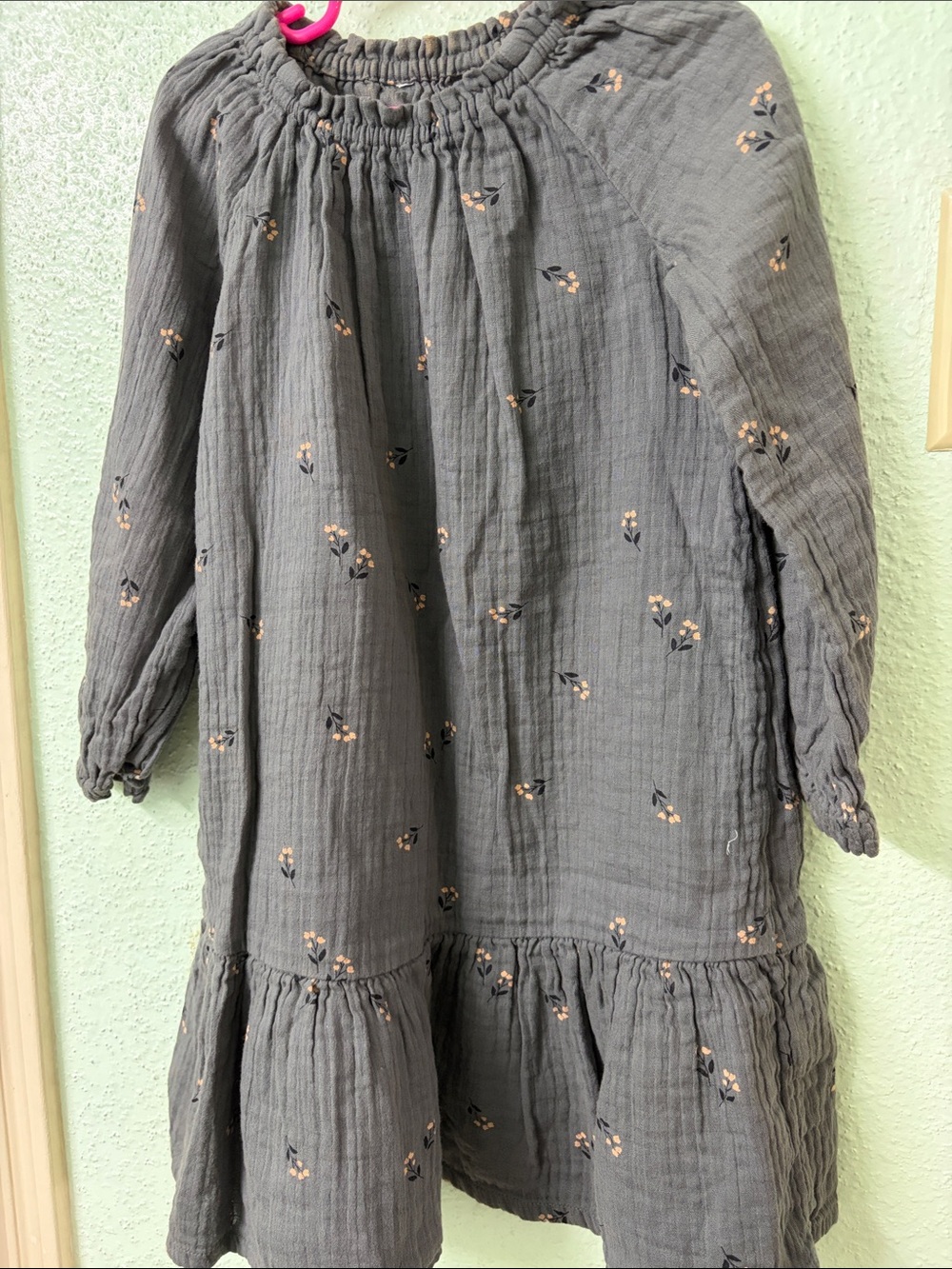 Girls' Gray Floral Long-Sleeve Ruffle Hem Dress
